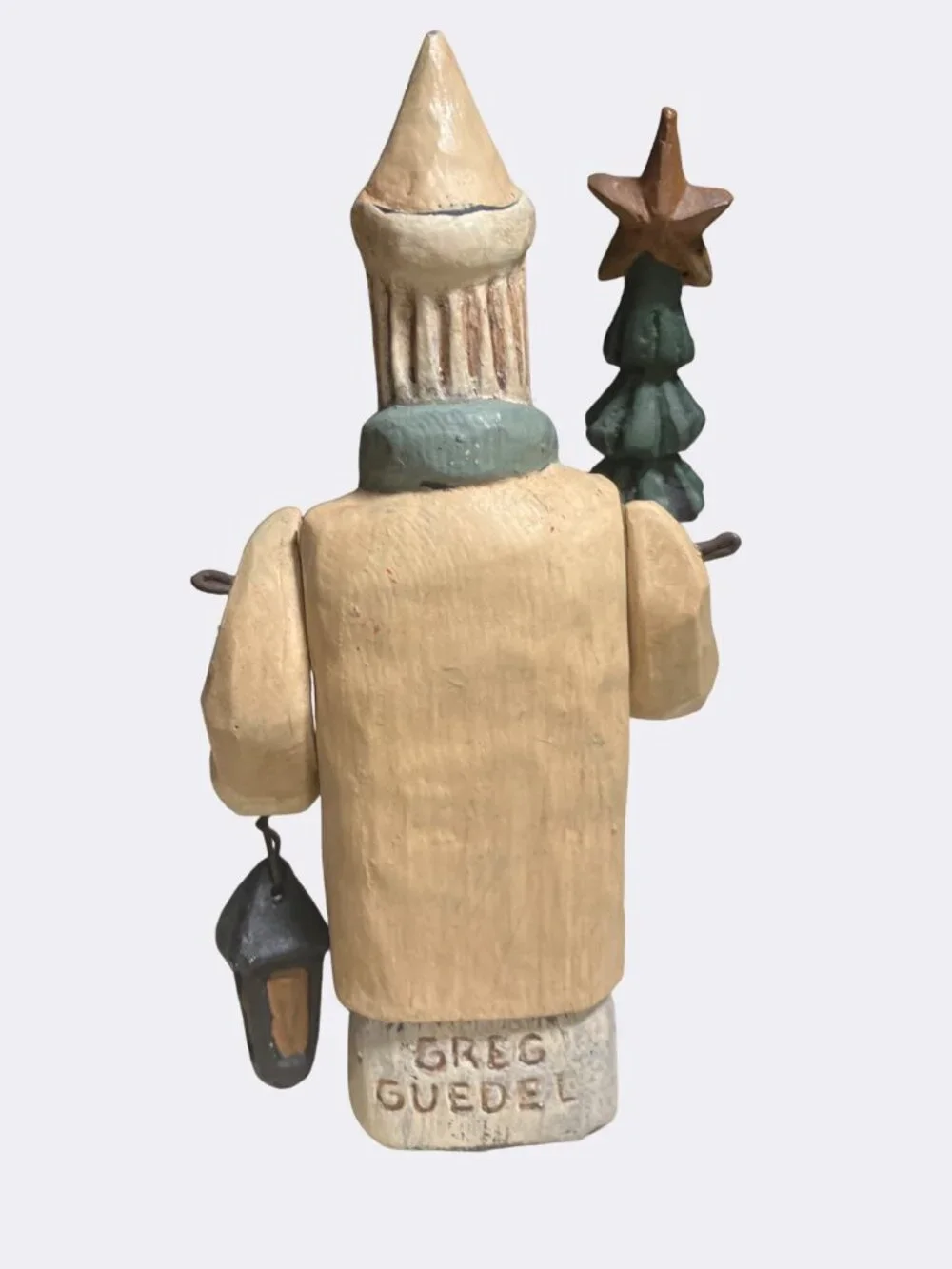 Handcrafted Greg Guedel Santa Figurine Holding Tree and Lantern